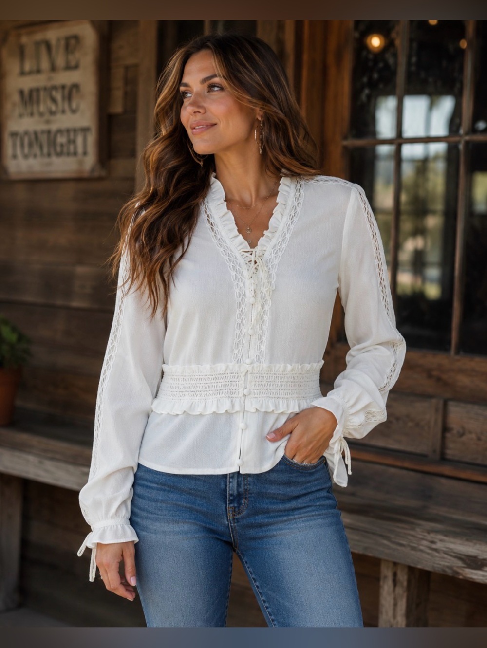 Reba Ruffled V-Neck Western Blouse | white | M